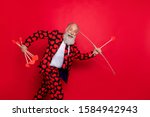 Profile photo of excited funky aged man guy cupid see nice couple going to shoot love bow arrow wear hearts pattern suit shirt tie pants isolated shine red color background