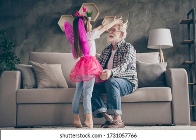 Profile Photo Of Funny Aged Old Grandpa Little Granddaughter Fairy Stage Costume Wearing Golden Crown Aged Man Head Stay Home Quarantine Safety Modern Interior Living Room Indoors