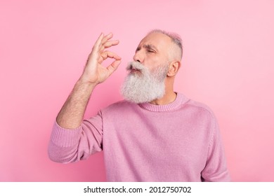 Profile photo of funny grey beard old man taste food wear pink sweater isolated on pastel color background - Shutterstock ID 2012750702