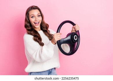 Profile photo of funny positive lady arms hold wheel toothy smile isolated on pink color background - Shutterstock ID 2256235475