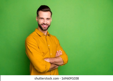 Profile Photo Of Good Mood Young Business Man Crossed Arms Meeting Colleagues Corporate Seminar Formalwear Yellow Shirt Isolated Bright Green Color Background