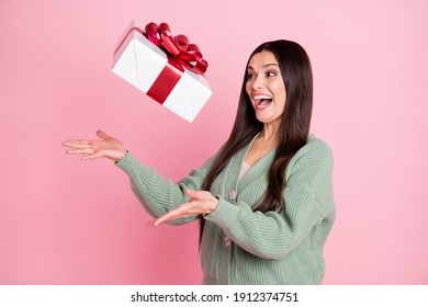 Profile Photo Of Lady Catch Throw Present Open Mouth Wear Green Cardigan Isolated Pastel Pink Color Background