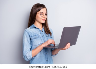 Profile Photo Of Nice Pretty Woman Stand Working Laptop Wear Spectacles Blue Shirt Isolated On Grey Color Background