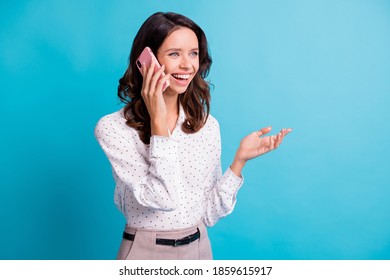 Profile photo of optimistic brunette girl talk telephone wear shirt isolated on teal color background - Shutterstock ID 1859615917