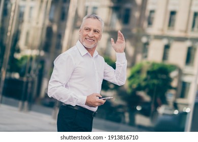 Profile Photo Of Optimistic Grey Hair Old Business Man Wave Hand Hold Telephone Wear White Shirt Outdoors Near Work Center