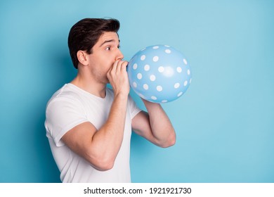 Profile Photo Of Optimistic Man Blow Balloon Wear White T-shirt Isolated On Teal Color Background