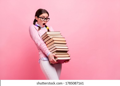 Profile Photo Of Overloaded Pretty Student Girl Lady Hold Heavy Books Pile Prepare Examination College Big Homework Library Carry Tired Wear Shirt Specs Pants Isolated Pink Color Background