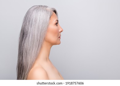 Profile Photo Of Pensioner Beautiful Natural White Haired Woman Look Empty Space Isolated Grey Background