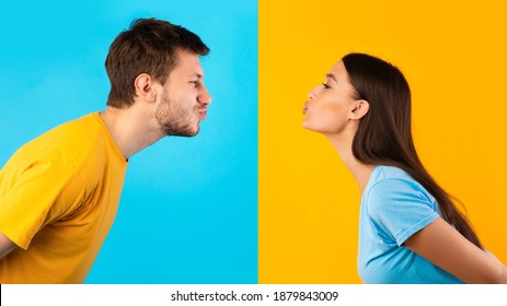 Profile Photo Portrait Of Young Beautiful People Reaching To Each Other And Trying To Kiss, Man And Woman Expressing Love And Affection, Isolated Over Blue And Yellow Studio Background