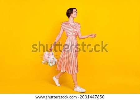 Profile photo of positive peaceful girl walk carry basket wear striped dress shoes isolated yellow color background