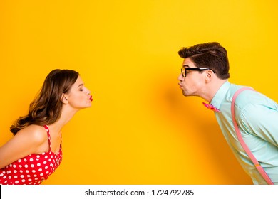 Profile Photo Of Pretty Lady Handsome Guy Prom Party Couple Shy Kissing First Time Eyes Closed Wear Red Dotted Dress Shirt Bowtie Acelegant Outfit Isolated Yellow Bright Color Background