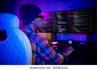 Profile Photo Of Professional Cybersecurity Agent Keyboard Typing Operating Dark Office Room Inside