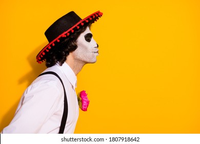 Profile Photo Of Scary Undead Husband Guy Send Air Kiss Empty Space Marriage Underworld Queen Wear White Shirt Rose Sugar Skull Death Costume Suspenders Isolated Yellow Color Background