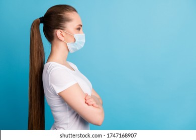 Profile Photo Of Self-confident Lady Long Ponytail Hospital Examination Business Center Listen Doctor Arms Crossed Wear Protect Face Medical Mask White T-shirt Isolated Blue Color Background