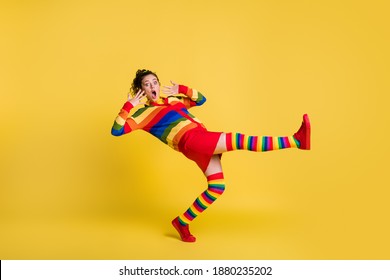 Profile Photo Of Shocked Lady Felling Down Slippery Floor Wear Striped Sweater Short Skirt Knee Socks Shoes Isolated Yellow Color Background