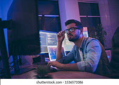 Profile Photo Of It Specialist Looking Monitors Testing Website Debugging System Attentive Developer Expert Creating New Tasks For Team Sitting Night Office Indoors