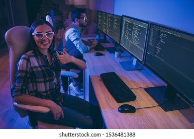 Profile Photo Of It Specialist Two Guy Lady Business People Working Together Night Raising Thumb Up Recommend Vacant Place Company Occupation Sitting Chairs Office Indoors