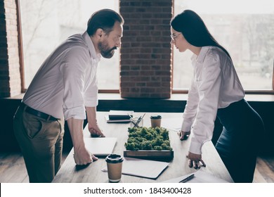 Profile Photo Of Two Colleagues Have Misunderstanding Disagreement Conflict Stand In Modern Work Station Place Face To Face Lean Hands On Table Only One Boss Promotion Office Indoors