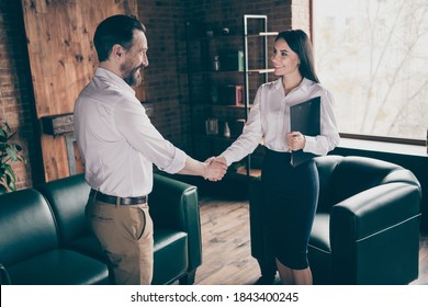 Profile Photo Of Two People Businessman Business Lady Partnership Colleagues Press Conference Mass Media Shake Arms Greeting Reportage Hold Clipboard Office Indoors