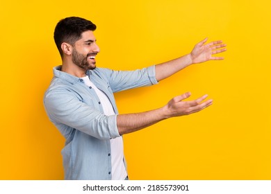 Profile Photo Of Young Happy Guy Open Arms Hugs Friend Seen Long Time Ago Isolated On Yellow Color Background