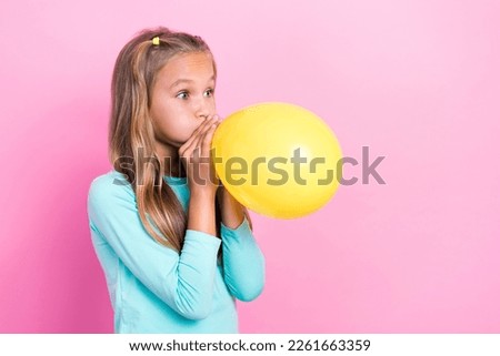 Profile photo of young small pretty cute face girlish schoolkid girl blow air balloon preparation celebrate event party isolated on pink color background