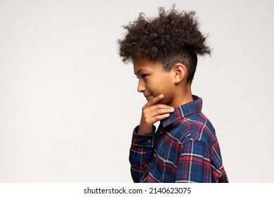 Profile picture of thoughtful smiling crafty boy with dark skin and afro hairstyle, wearing plaid flannel shirt, touching chin with hand, planning next prank and joke, isolated over white background