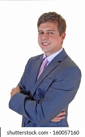 A Profile Picture Of A Young Business Man With Her Arms Grossed In Front For White Background. 