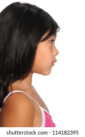 Profile Portrait Of Asian Child Over White Background