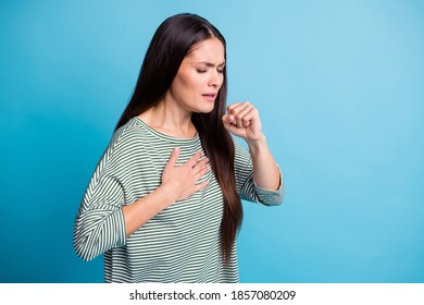 Profile Portrait Of Attractive Person Coughing Feel Bad Closed Eyes Arm On Chest Isolated On Blue Color Background