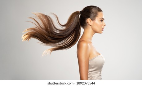 Profile Portrait Of A Beautiful Woman With A Long  Hair. Young  Brunette Model With  Beautiful Hair - Isolated On White Background. Young Girl With Straight Hair Flying In The Wind.  