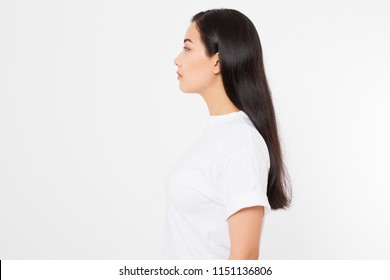 Profile portrait of Brunette asian girl with long and shiny straight female hair isolated on white background . Beautiful woman korean model with straight hairstyle. Copy space.
