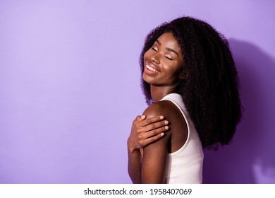 Profile Portrait Of Charming Dark Skin Person Closed Eyes Arm Touch Shoulder Isolated On Purple Color Background