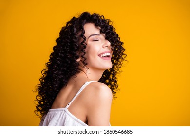 Profile Portrait Of Charming Optimistic Young Brown Hair Woman Close Eyes Wear White Top Isolated On Bright Yellow Color Background