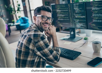 Profile portrait of cheerful intelligent web designer person sit chair create project workplace open space indoors - Shutterstock ID 2232720499