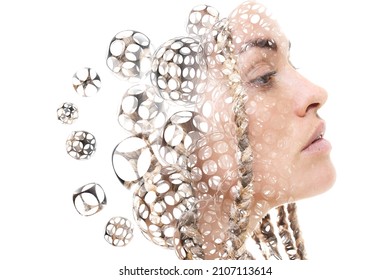 A profile portrait of a European woman combined with flowing black 3D spheres in a double exposure technique.