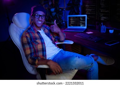 Profile Portrait Of Handsome Cheerful Guy Sit Chair Hand Showing Thumb Up Approve Late Night Shift Office Indoors