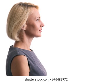 Profile Portrait Of A Happy Woman Isolated On White Background