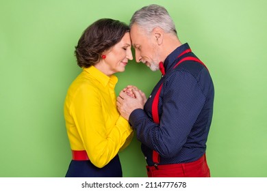 Profile portrait of two peaceful sweethearts closed eyes hold hands touch head isolated on green color background