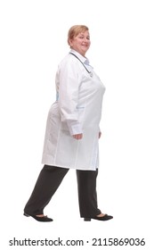 Profile Of Serious Doctor Woman Walk Isolated Over White Studio