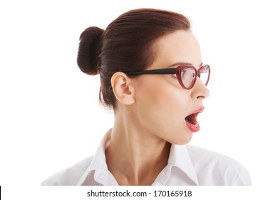 Profile Of Shocked, Surprised Woman In Eyeglasses. Isolated On White.