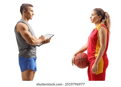 Profile shot of a basketball coach talking to a female player isolated on white background - Powered by Shutterstock