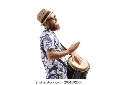 Profile shot of a bearded man playing conga drums and singing isolated on white background - Powered by Shutterstock