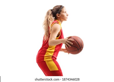 Profile Shot Of A Female Basketball Player With A Ball Isolated On White Background