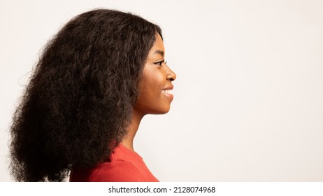 Profile Shot Of Smiling Millennial African American Woman With Curly Hair, Side View Portrait Of Happy Young Black Female Looking At Copy Space, Posing Isolated Over White Background, Panorama
