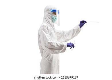 Profile Shot Of A Specialist In A Protection Equipment Taking A Cotton Swab Test Isolated On White Background