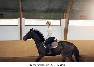 Profile Shot Of A Woman Riding A Black Horse