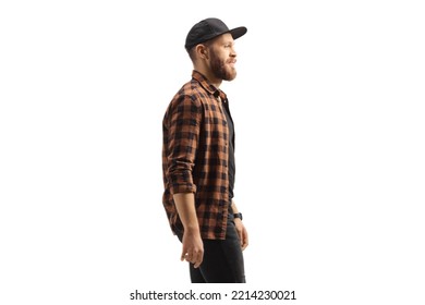 Profile Shot Of A Young Trendy Man In A Shirt And Cap Isolated On White Background