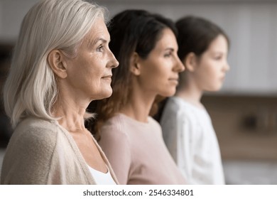 Profile side faces view of serious attractive grandmother posing with grown up daughter and little granddaughter standing together in row, three generations of women, family unity, bonding and ties - Powered by Shutterstock