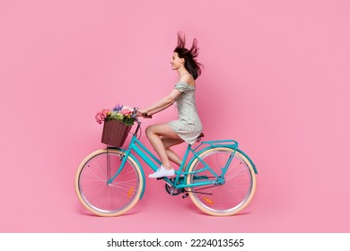 Profile side full body photo of positive cheerful lady wear mini skirt ride bicycle weekend look empty space isolated on pink background