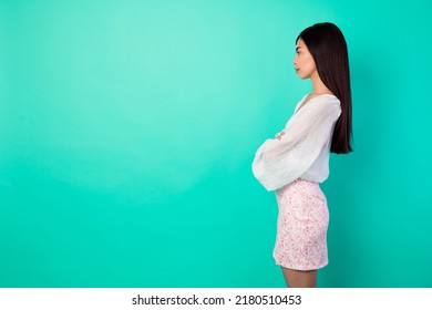 Profile Side Photo Of Adorable Nice Lady Boss Cross Arms Look Empty Space Wait Meeting Isolated Cyan Color Background